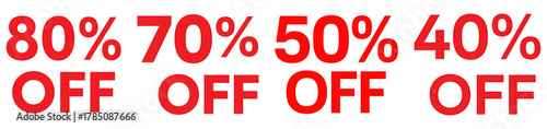 Set of sale discount tags: 80, 70, 50, and 40 percent off