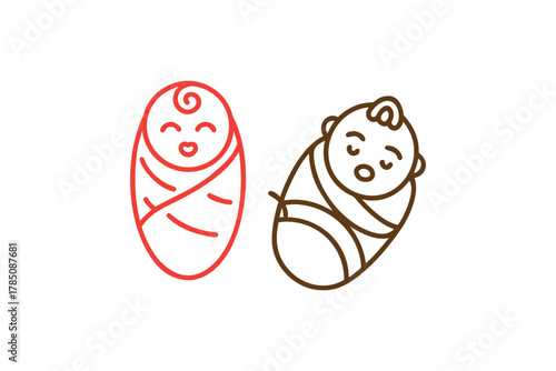 Adorable Outline Icons of Two Swaddled Babies in Different Colors for Nursery Designs