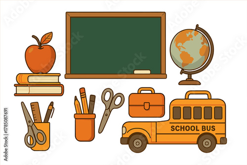Colorful icons of various school supplies and educational objects