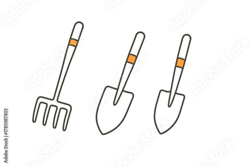 Collection of essential garden implements: rake and two hand shovels
