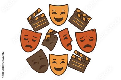 Theatrical comedy and tragedy masks with film clapperboards in circular design