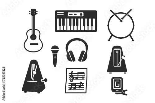 Set of musical instrument and audio equipment silhouette icons