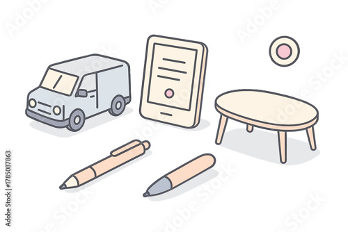 Isometric icons set of delivery van tablet pens and small coffee table