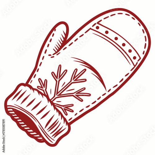 Red Line Art Mitten with Snowflake Design on White Background glove winter