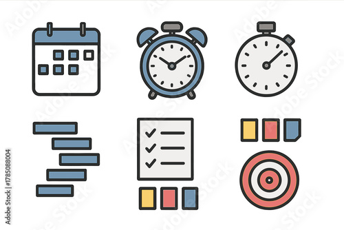 Business planning and time management icons for scheduling and goal setting