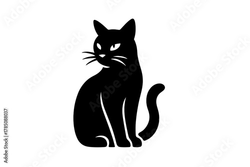 Stylized black cat silhouette sitting and looking sideways