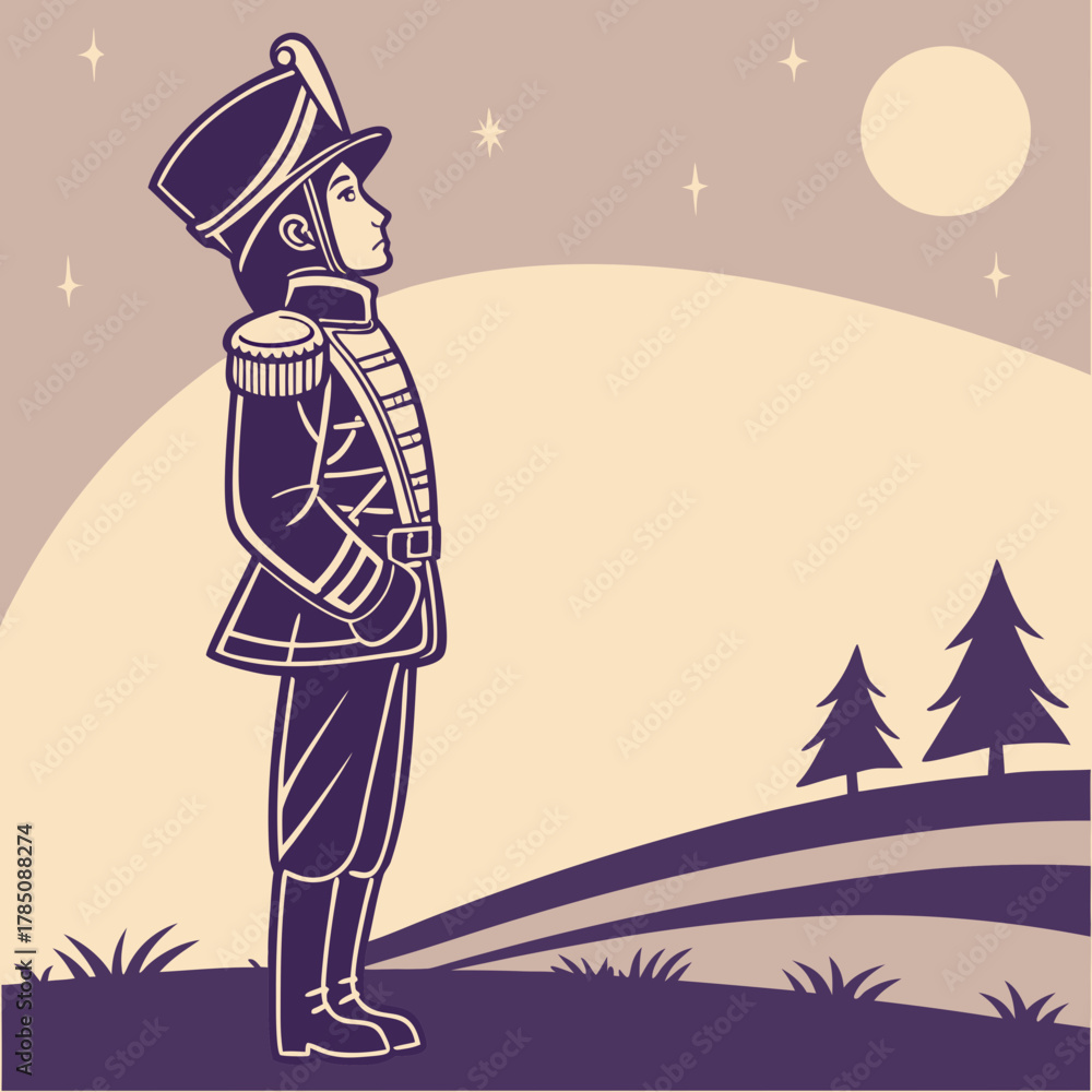 Fototapeta premium Toy Soldier Standing in a Moonlit Landscape nutcracker uniform