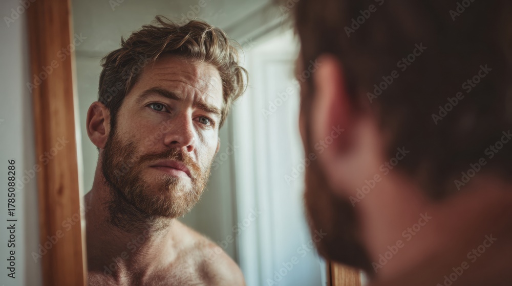 Fototapeta premium Man Struggles With Guilt and Self-Denial While Erasing His Reflection in a Bathroom Mirror During Morning Hours