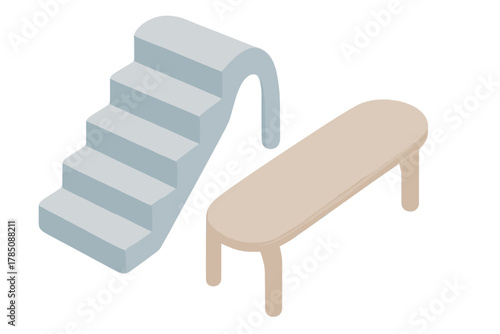 Isometric wooden bench and pastel blue stairs for modern interior design