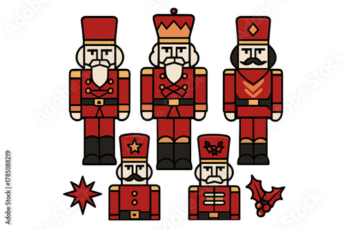 Stylized red nutcracker soldier icons featuring holiday accents