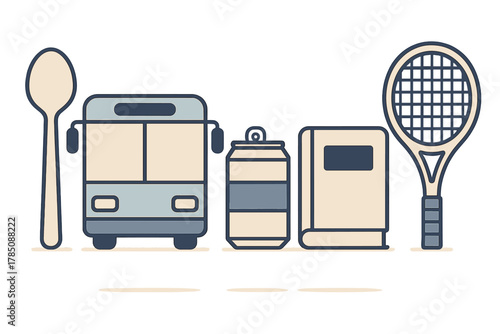 Everyday objects icons: spoon, bus, beverage can, book, and tennis racket