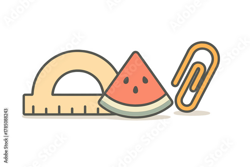 Assortment of school tools and fresh summer fruit icons including protractor and paperclip