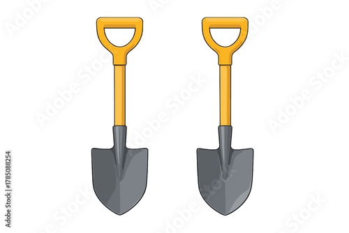 Two garden spades with yellow D-handles and gray metal blades