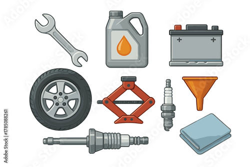 Automotive maintenance tools and spare parts icons for car service