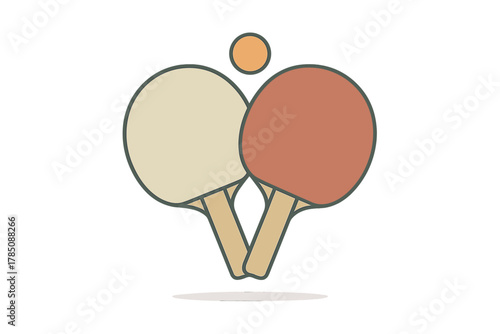 Two crossed table tennis paddles with small ball suspended above