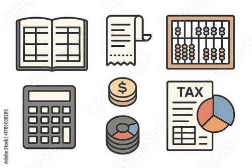Set of accounting and finance icons featuring ledger, calculator, and tax document