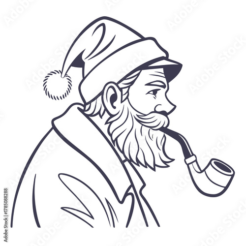 Bearded man in a Santa hat smoking a pipe outline illustration vector