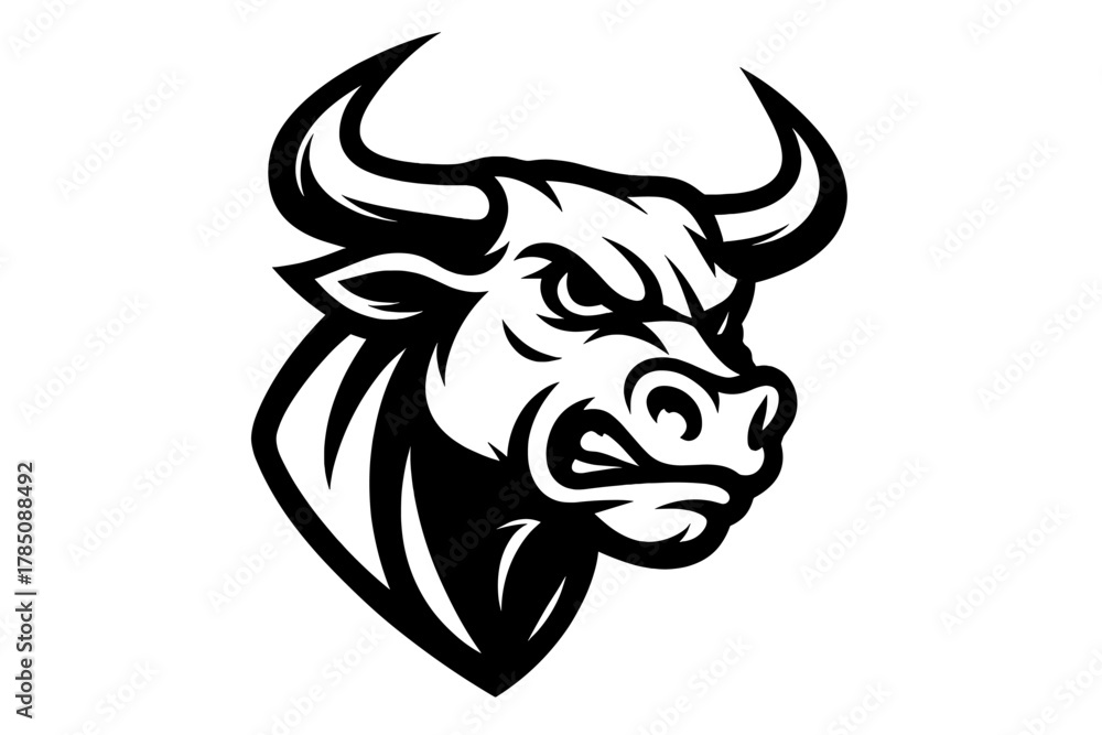 Fototapeta premium Fierce bull head mascot graphic with prominent horns in monochrome style