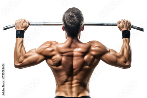 Close-up of a man's muscular back while doing a pull-up