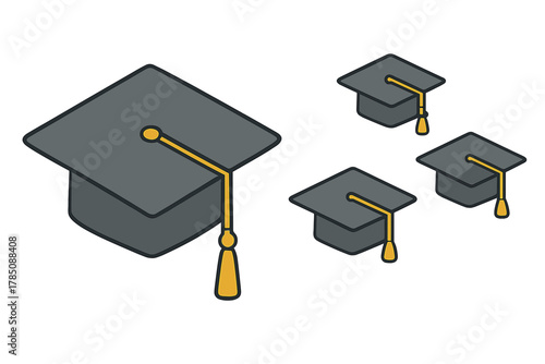 Isometric graduation cap icons set with tassel in various sizes