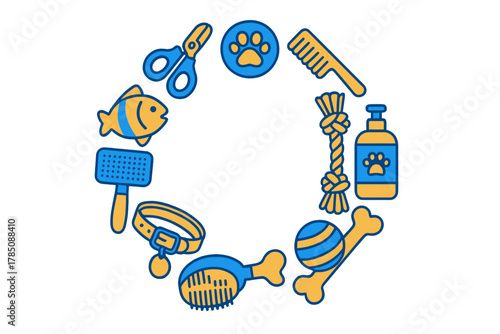 Stylized icons for pet grooming and toys arranged in a circular border