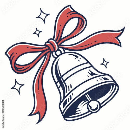 Christmas Bell with Red Ribbon and Sparkles illustration icon