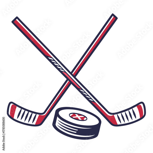 Ice Hockey Sticks and Puck Crossed on White Background sport game