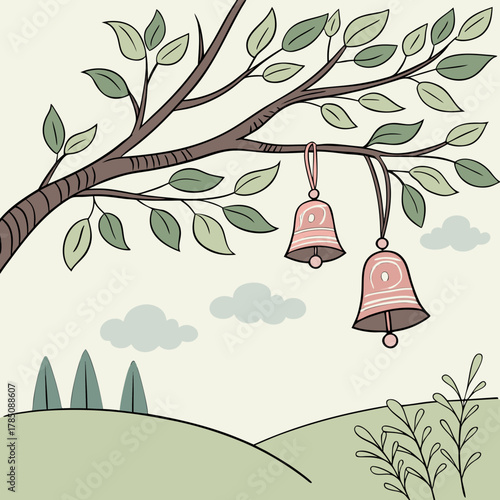 Landscape with Tree, Bells, Hills, and Clouds branches hanging