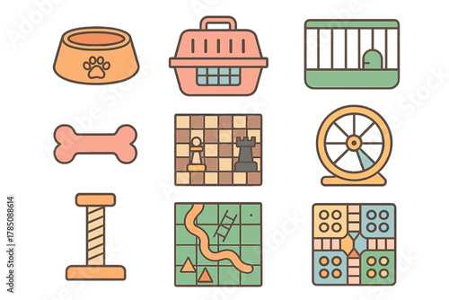 Collection of pet care supplies and board game symbols