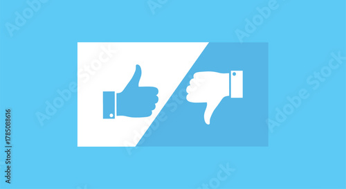 Blue thumbs up and down icons split on a white and blue background silhouette