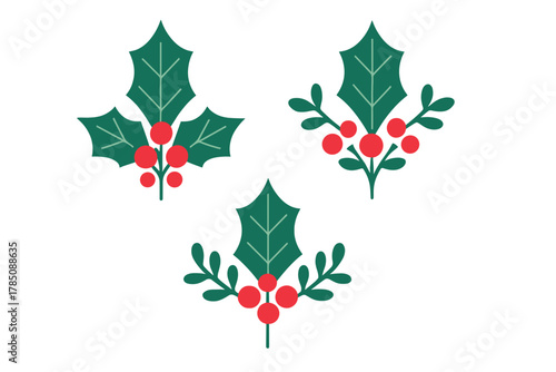 Three stylized holly leaf and berry decorative elements for holidays