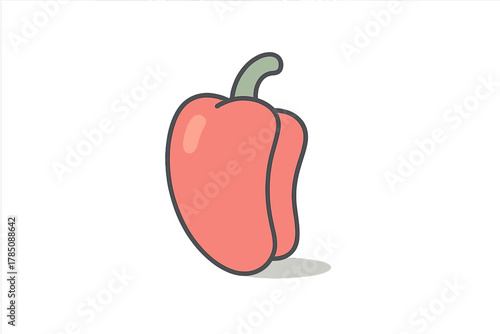 Cartoon red bell pepper with stem and shadow isolated on white