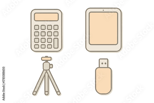 Four essential electronic device and accessory icons: calculator, tablet, tripod, and flash drive