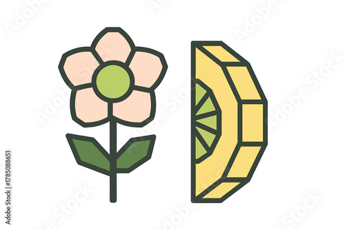 Stylized flower icon beside geometric citrus fruit slice graphic element