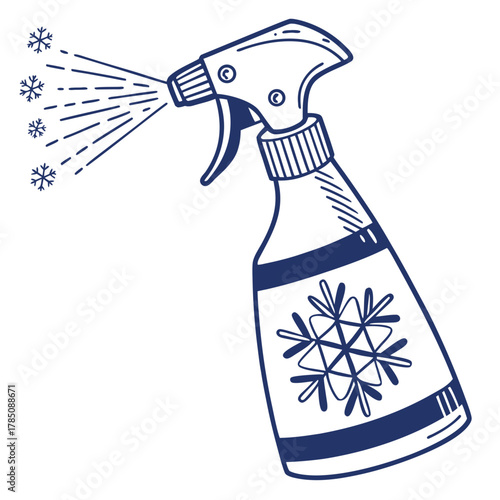 Hand Drawn Spray Bottle Dispensing Snowflakes on White Background dispenser cleaning