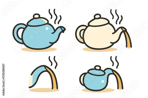 Collection of cute steaming teapots pouring hot beverage icons