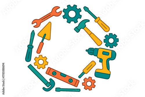 Assortment of colorful construction and repair tools arranged in a circle