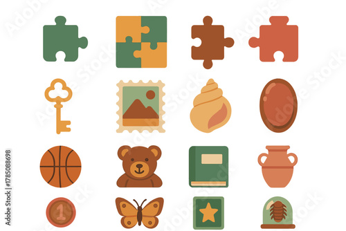 Set of sixteen flat icons in earthy tones for games and educational design