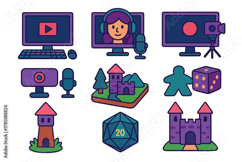 Set of streaming and tabletop gaming icons featuring computer and castle elements