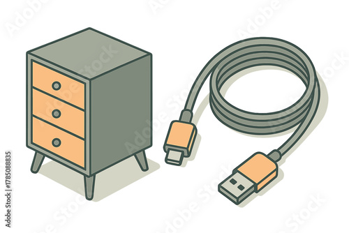 Isometric bedside table and coiled charging cable set