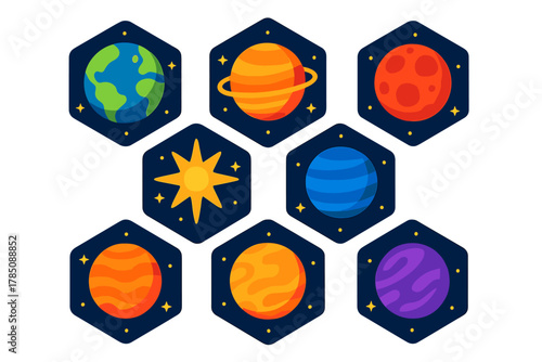 Stylized icons of celestial bodies: Earth, Sun, and various planets