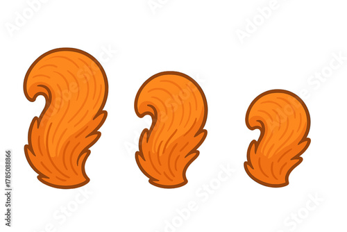Three stylized orange bushy animal tails in descending order