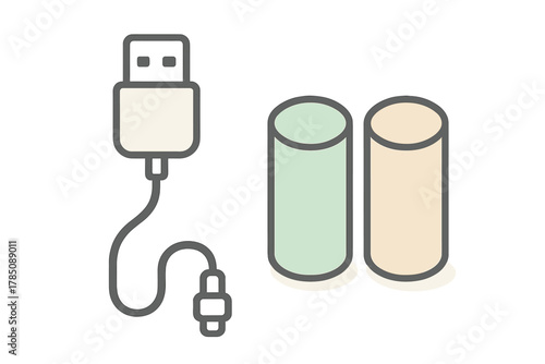 USB cable connector and two cylindrical battery power cell icons
