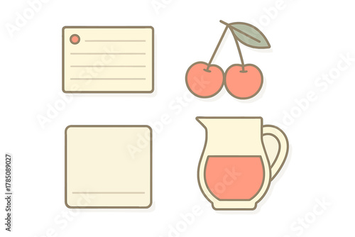 Pastel icons set with cherries pitcher and stationery cards