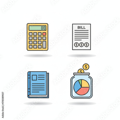 A vibrant collection of four flat design icons symbolizing essential financial tools and management concepts such as budgeting, billing, record-keeping, and savings