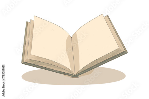 Open blank book with aged paper pages and subtle shadow