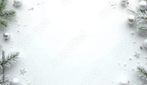 Clean White Christmas Background with Frosted Pine Branches, Silver Baubles, and Falling Snow — Minimal Luxury Holiday Design