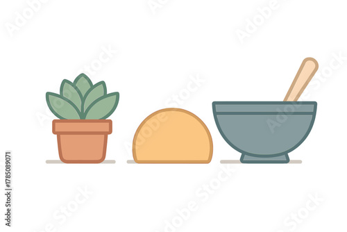 Minimalist icons of potted succulent, cosmetic ingredient, and mixing bowl