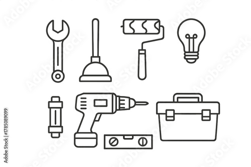Outline icons representing essential home repair and maintenance tools