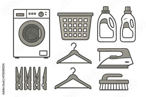 Household laundry and cleaning equipment icons set